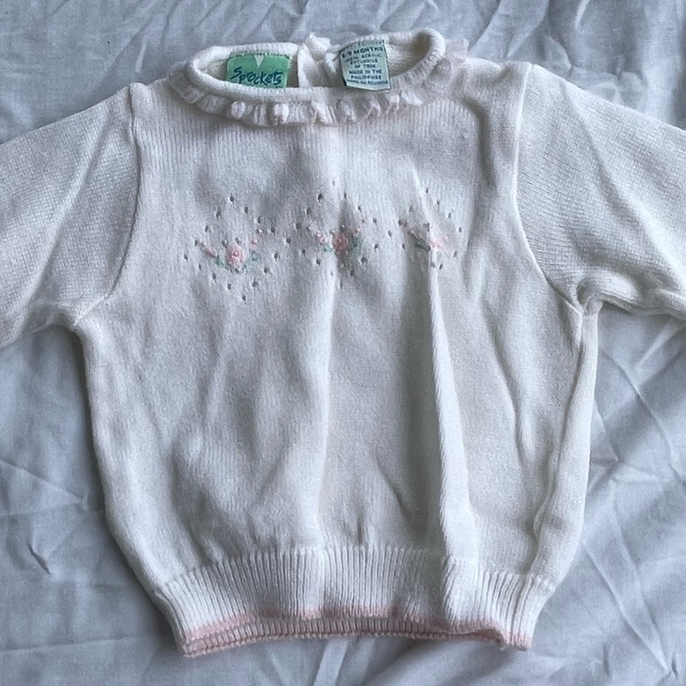 Vintage Sprockets knit white baby sweater Girls Sz 6/9 Months